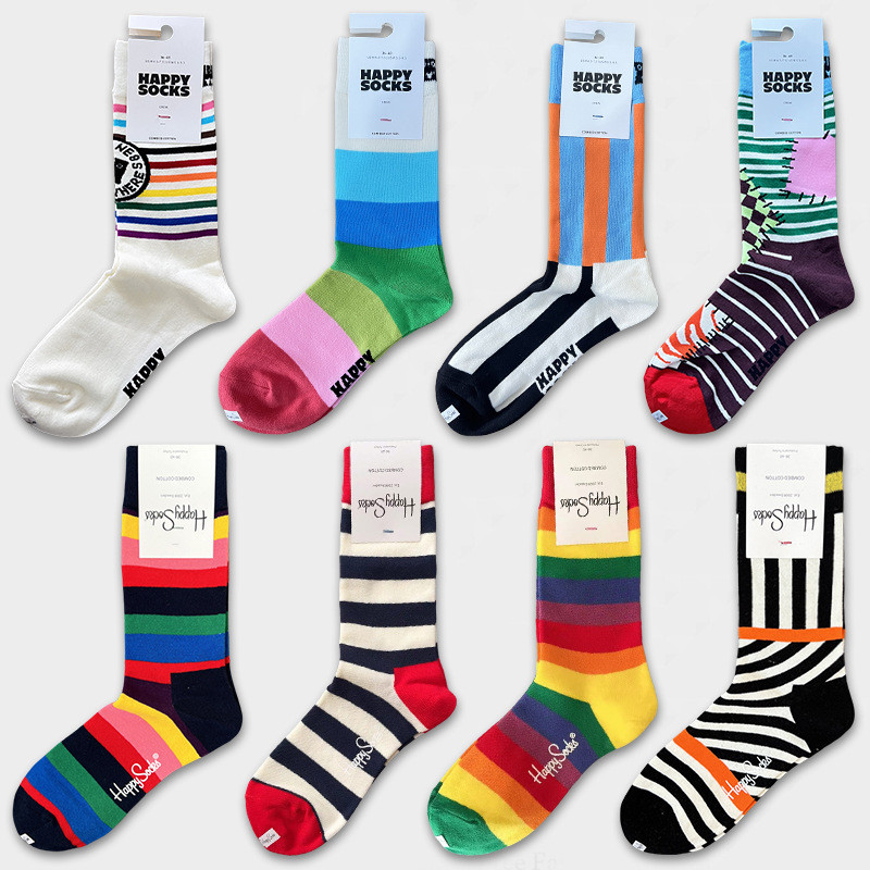 [Meias femininas oklife] HappySocks meias cano médio meninas penteado algodão sueco Street wear listrado dopamina exteri