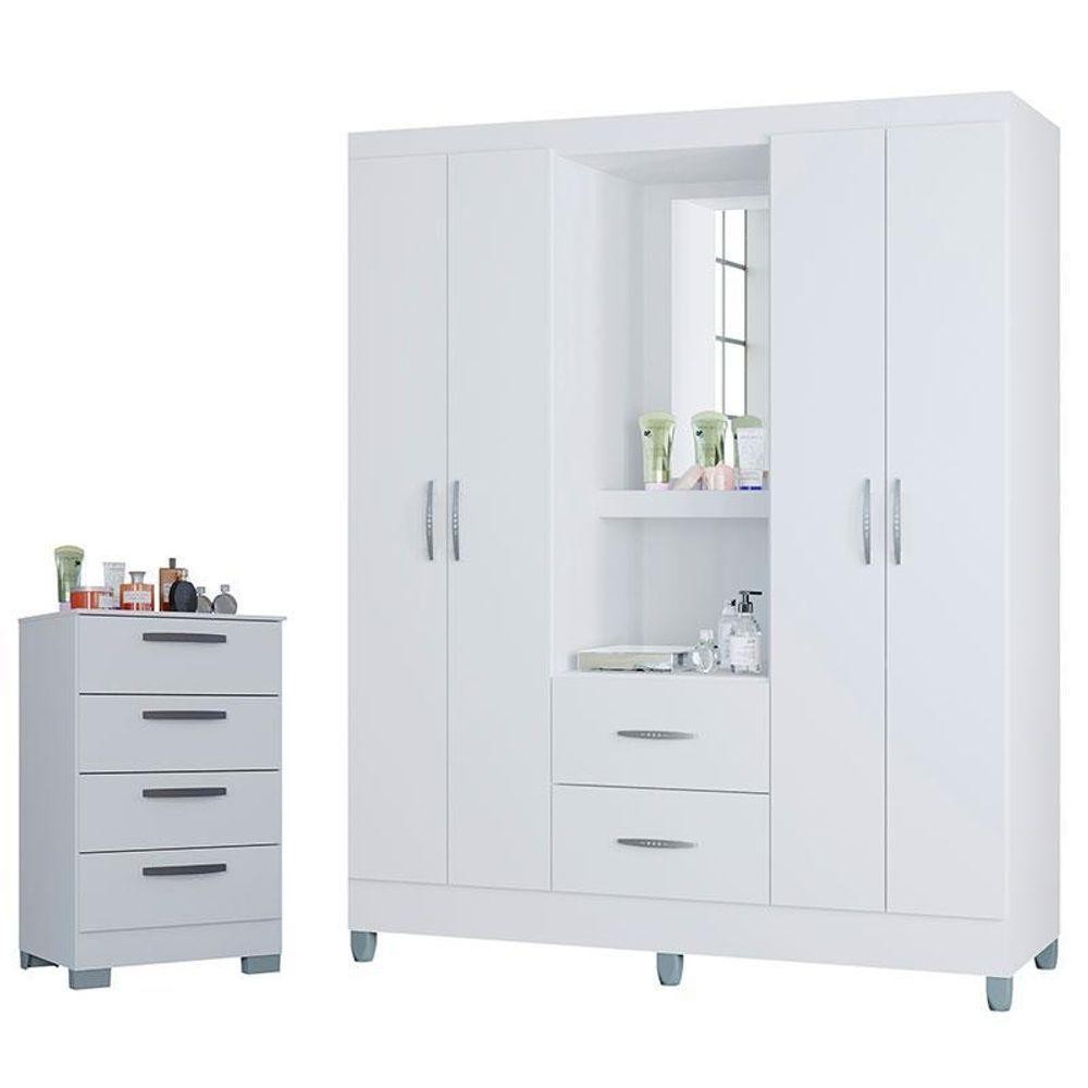 Cômoda 867 4 Gavetas Com Guarda Roupa Solteiro Córdoba 4 Portas Branco Brilho - Poquema em Oferta na Shopee