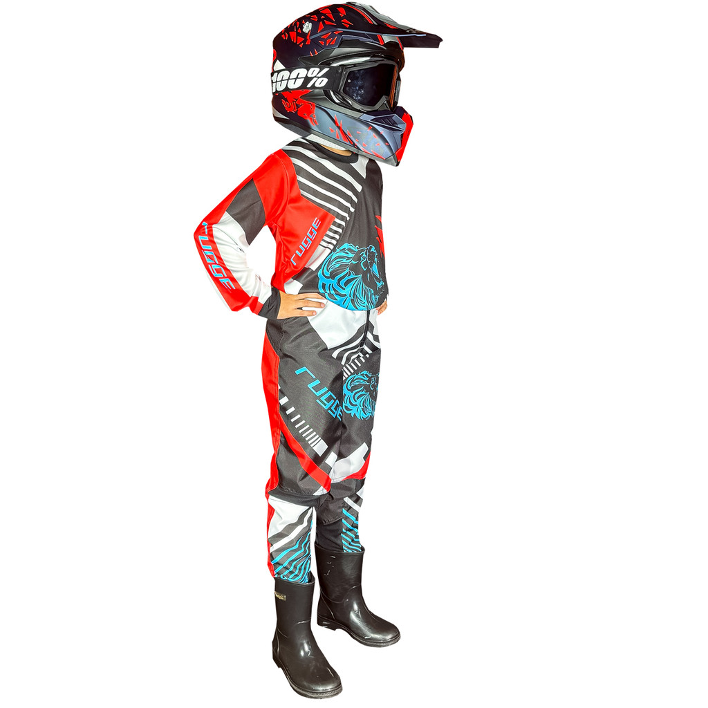 CONJUNTO ROUPA FARDA INFANTIL RUGGE MOTOCROSS TRILHA OFF-ROAD PRETO VERMELHO C/BRANCO