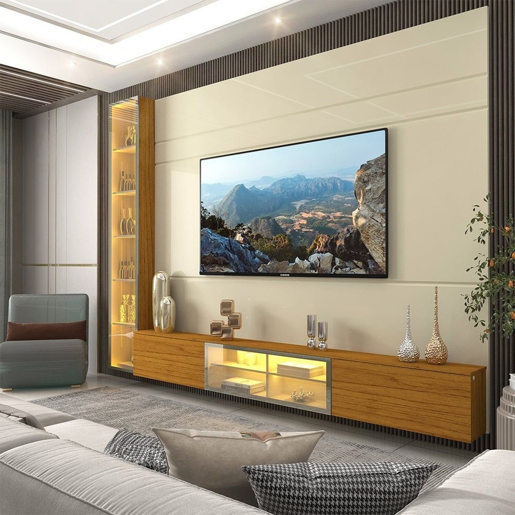 Estante para TV até 90 Polegadas 255cm com Porta Reflecta LED 100% MDF Luminare Off White/Naturale - Home & Living
