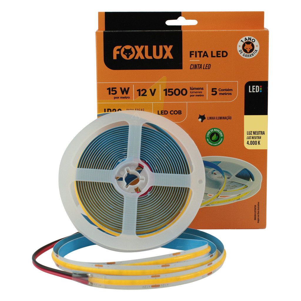 Fita LED COB Foxlux 15W 12V 4000K 5M IP20 | iluminação neutra, flexibilidade