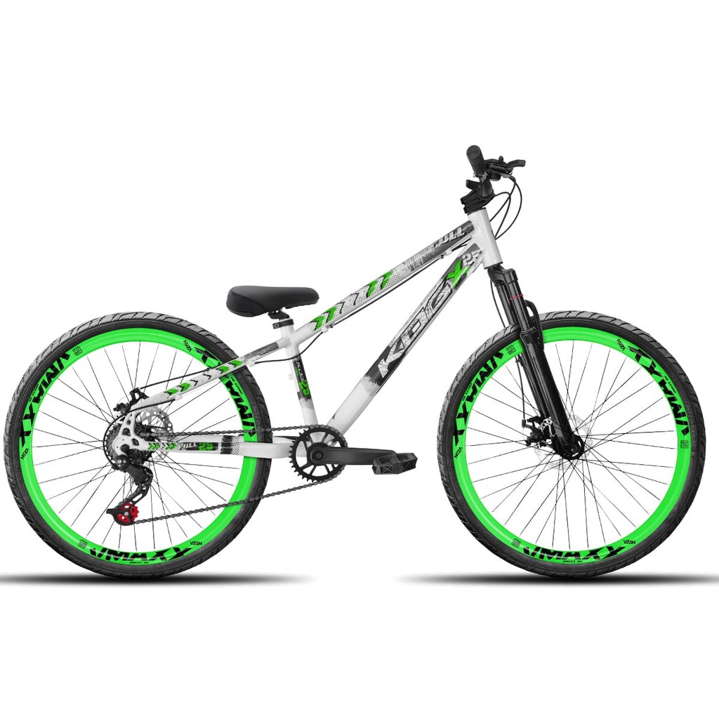 Bicicleta aro 26 KOG Freeride 1x7 Branco e Verde Vmaxx Verde Neon - Pneus Preto - Mesa Curta Preta - Guidão Preto