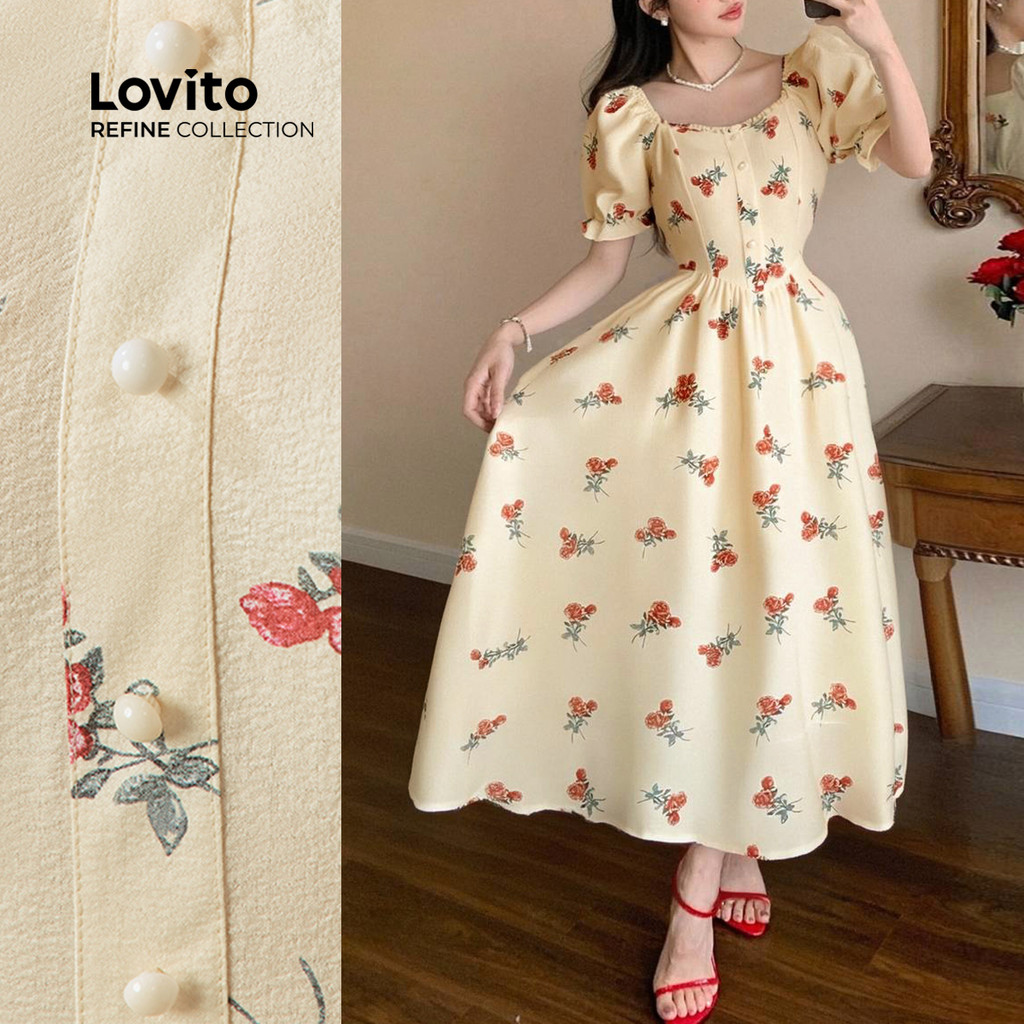 (Lovito Refine) Vestido Elegante com Botões Na Frente  Linha Estrutural  Babados e para Todas As estações LR13L076 - Women Clothes