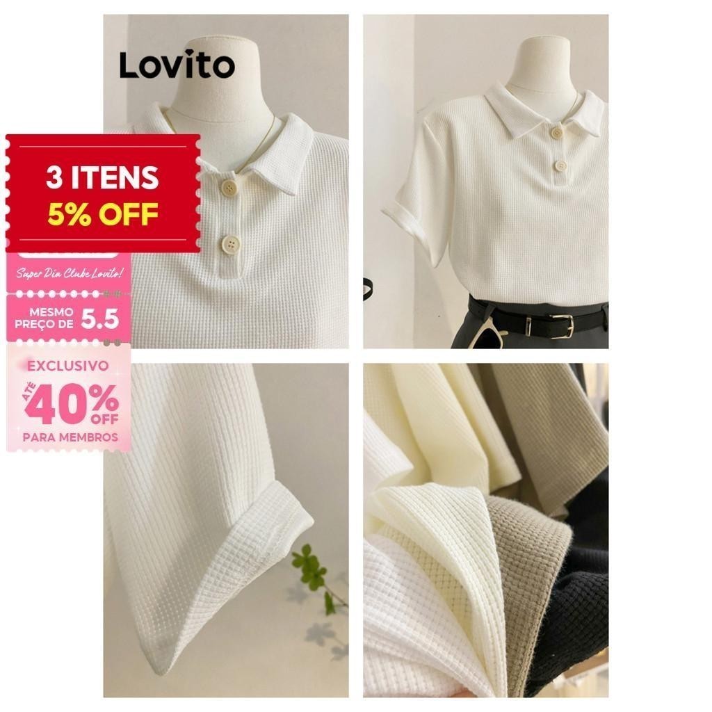 (Trendy) Lovito Camiseta Casual Lisa - Malha Waffle - Camiseta Polo Feminina L68ED039 (Multicolorido)