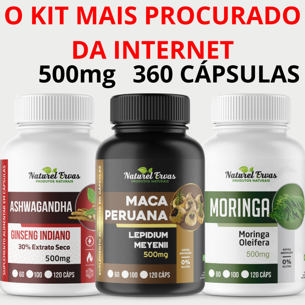 KIT 1 LEPIDIUM - 1 ASHWAGANDHAA - MORINGA+ = 360 CÁPSULAS 500Mg Natural em Oferta na Shopee