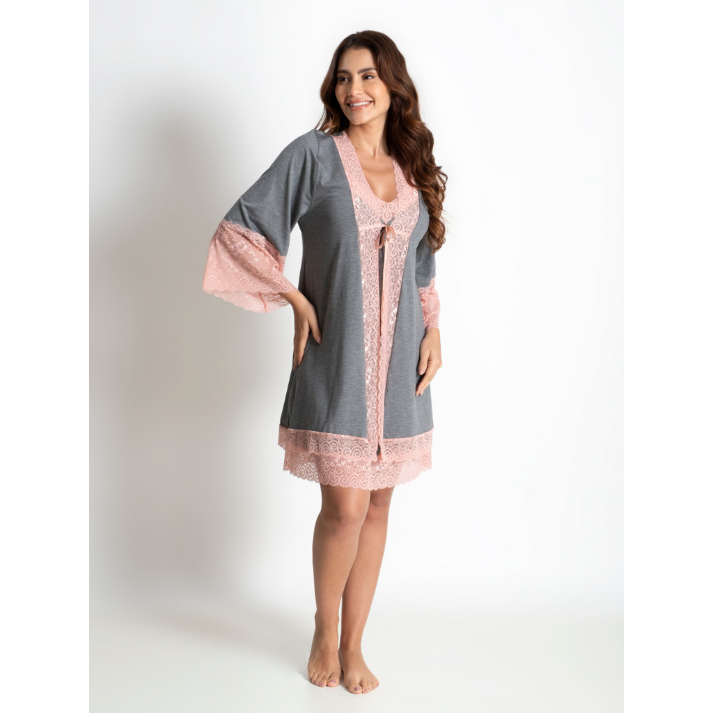 Robe Roupão Feminino em Viscose Premium e Renda de Poliamida Amamentação Maternidade Pós parto