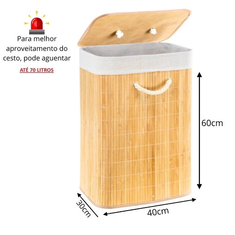 Cesto Organizador de Roupa Suja com Tampa e Alças em Bambu Bege — foto 9