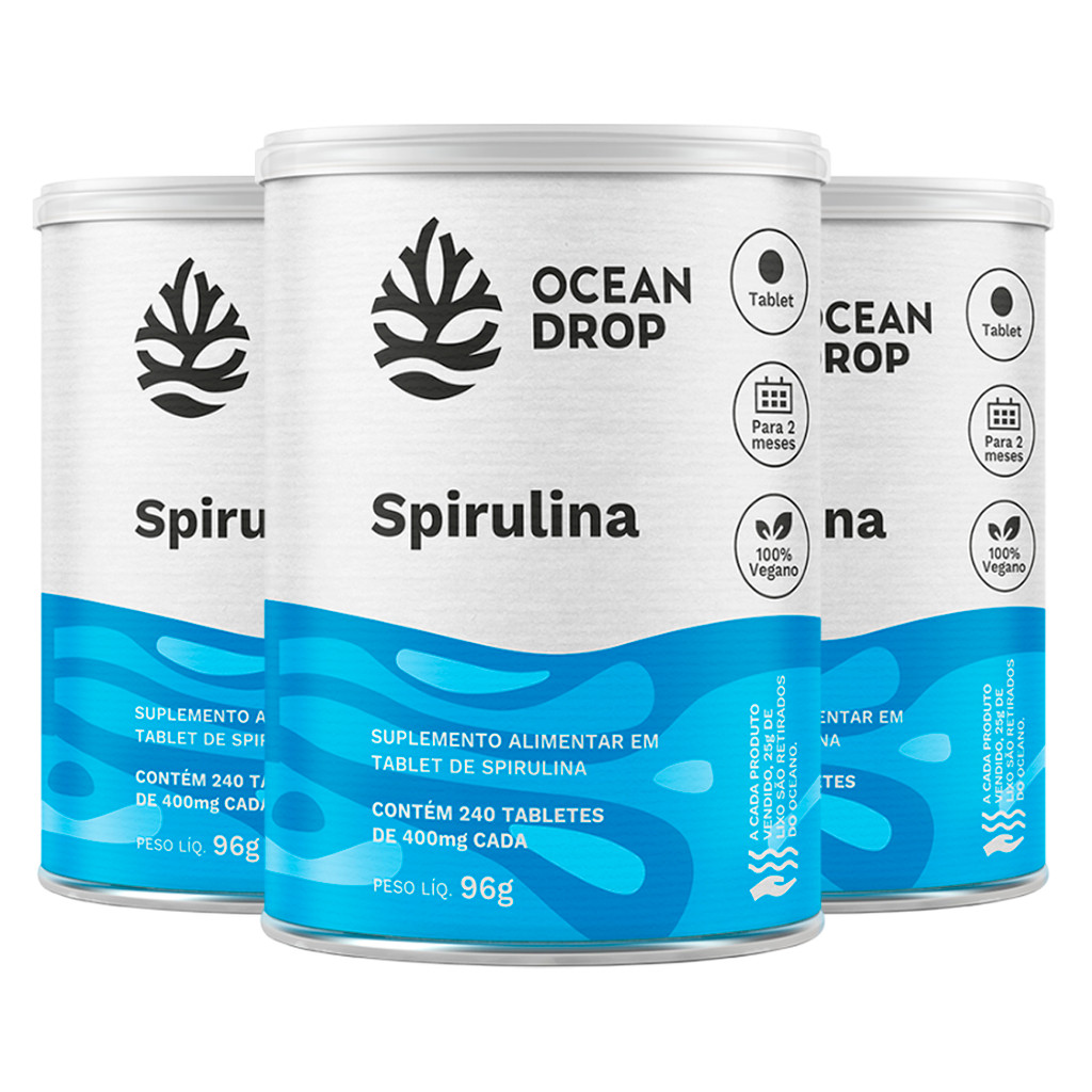 Kit 3 Spirulina Ocean Drop Vegana 240 Tabletes