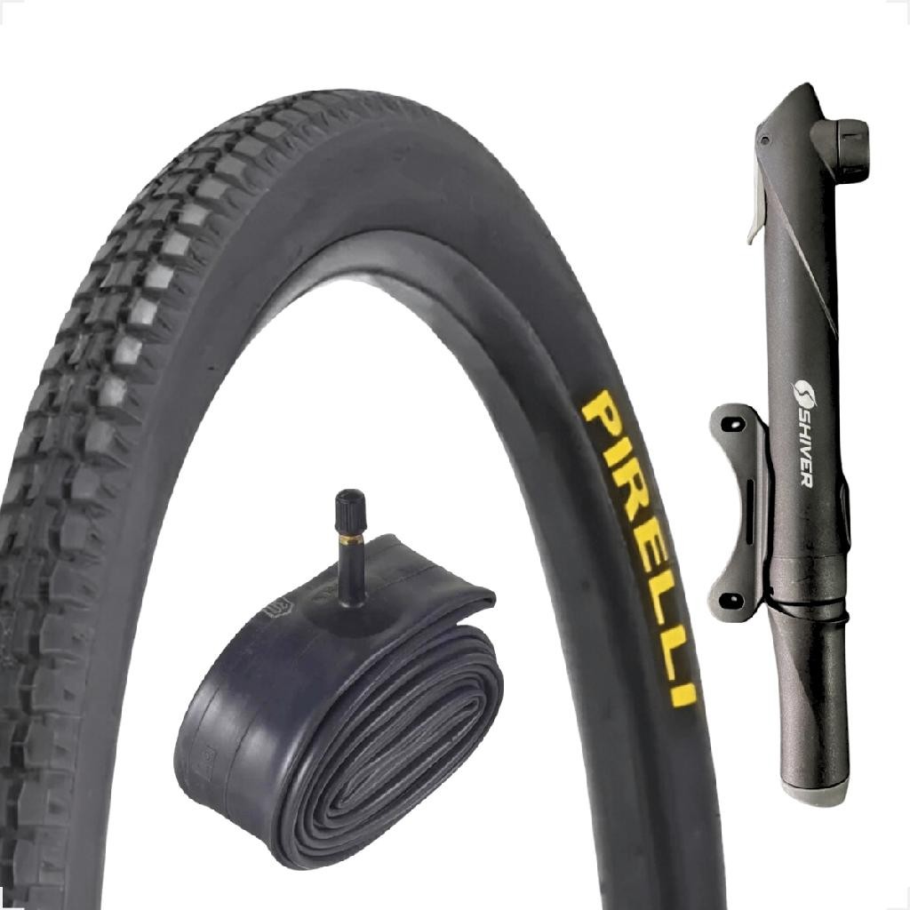 PNEU 26 X 1.1 / 2X2 PRIMOR PIRELLI + CAMARA BICO GROSSO + MINI BOMBA DE AR MANUAL MONARK CALOI