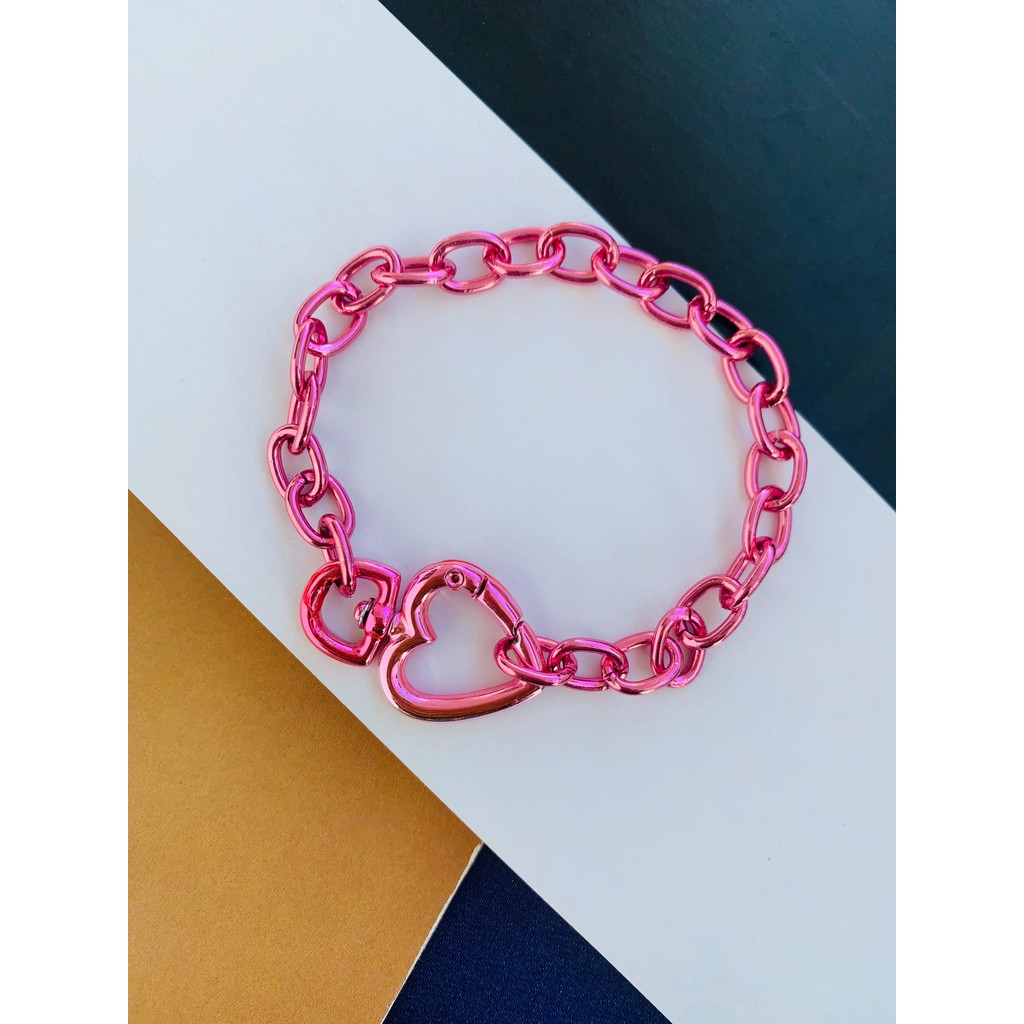 Pulseiras Rosa Pink semi joia com Mosquetão de coração fecho frontal