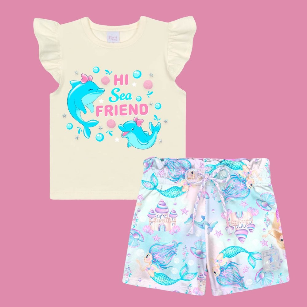Conjunto Menina Cinti Blusa Algodão Boxy e Short Molecotton Estampa Sereia Off/Colorido