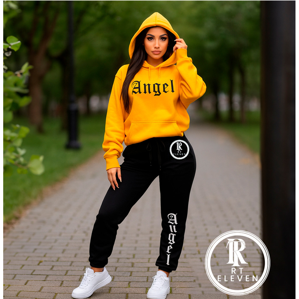 Conjunto Moletom Feminino Angel Blusa De Frio Canguru + calça Moletom Estampado Angel Anjos Tumbrl Com Bolso e Capuz