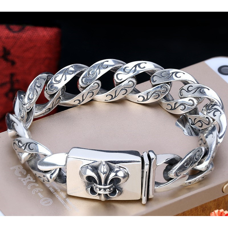[Estoque Pronto Best Seller] Pulseira Masculina De Prata 925 De Alta Qualidade , Tailandesa , Retrô , Design De Flores P