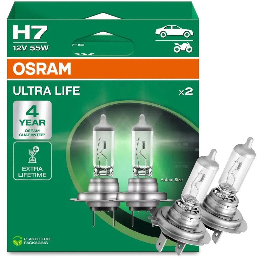 Par Lâmpada Halógena Osram H7 55W 12V Ultra Life Farol Carro Longa Vida Automotivo
