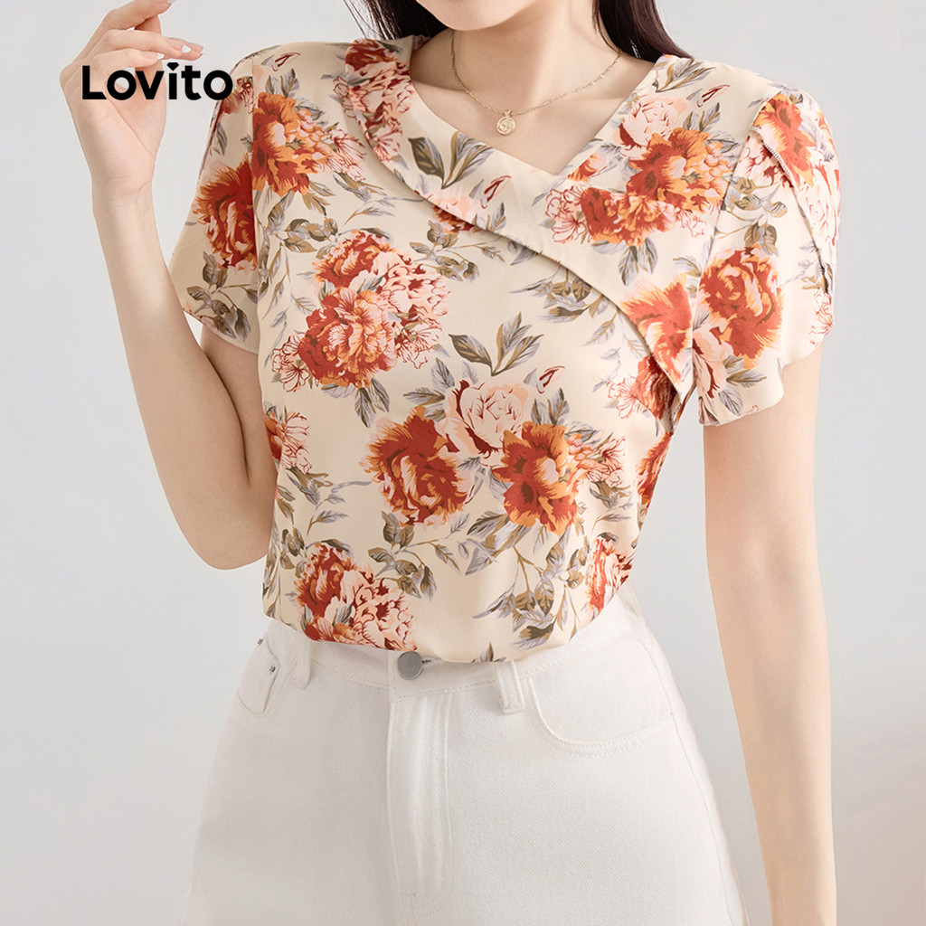 (New) Lovito Blusa Casual Assimétrica com Flores  Blusa de Primavera/verão para Mulheres L143ED131