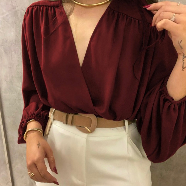 Blusa Feminina Manga Longa Decotada Transpassada Corte V Elegante no Punho e Cintura. em Oferta na Shopee