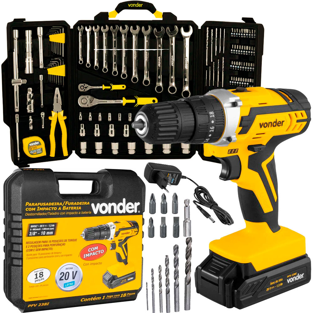 Kit Ferramentas Parafusadeira Fuadeira Impacto 10mm Reverso Jogo 128 Pçs Maleta Broca Martelo Vonder