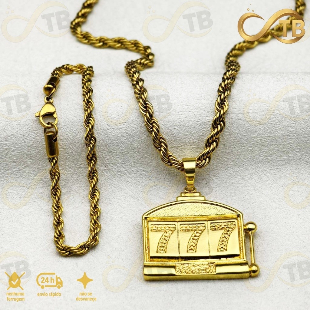TB Presentes Kit Pulseira Corrente Baiana 10mm Pingente Boa Sorte Cassino 777 Disponível 3 Tamanhos