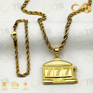 TB Presentes Kit Pulseira Corrente Baiana 10mm Pingente Boa Sorte Cassino 777 Disponível 3 Tamanhos