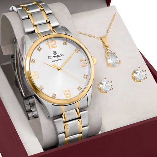 Kit Relógio Champion Feminino Elegance Com Colar e Brincos CN25663N