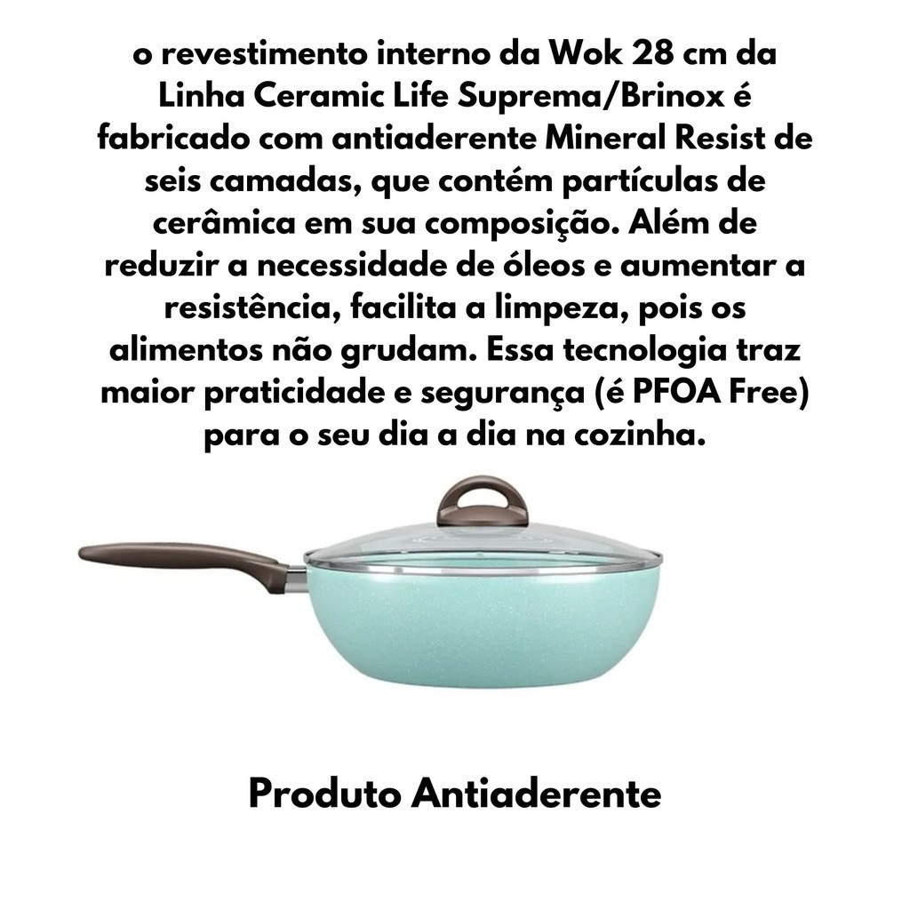 Detalhes do Panela Wok com Tampa 28cm Revestimento Antiaderente Verde Ceramic Life Suprema Brinox - 7245/374