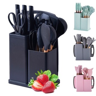 Kit Completo Jogo de Cozinha Luxo 19 Peças Com Tábua em Silicone Espátula Faca Tesoura Ut…