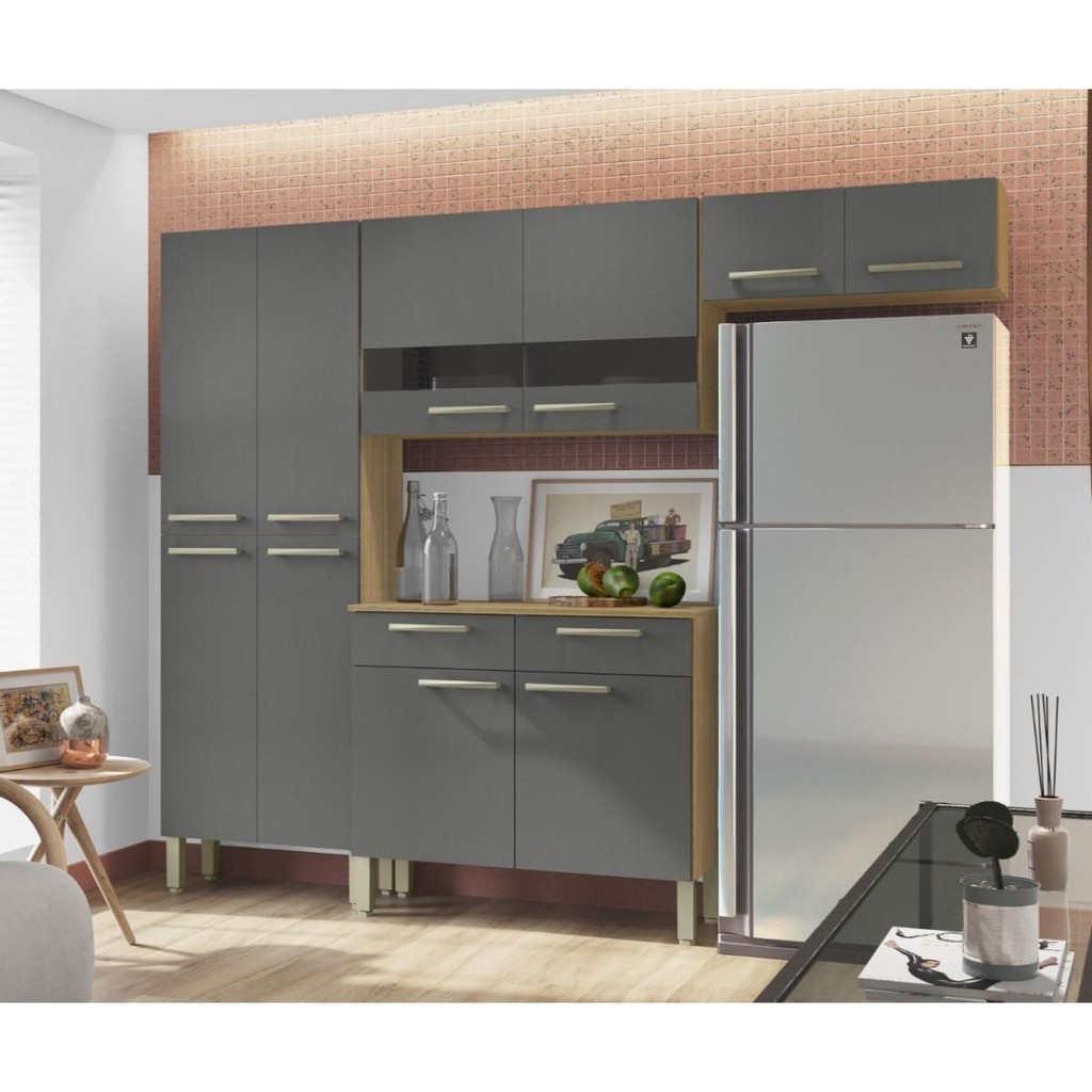 Cozinha Completa Compacta 10 Portas e 2 Gavetas Freijó Gris Nala Kits Paraná em Oferta na Shopee