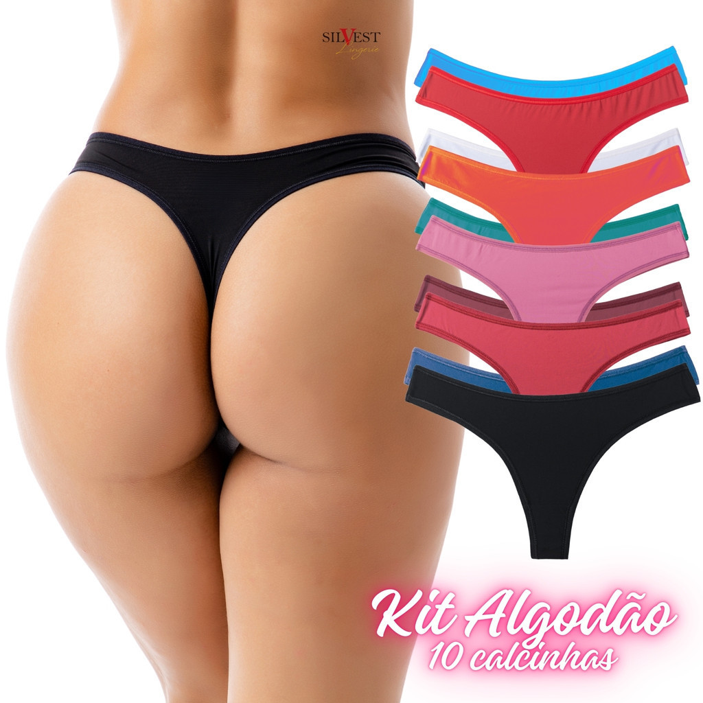 Kit 10 Calcinha de Algodão Feminina Adulto Tanga Fio Sem Detalhes