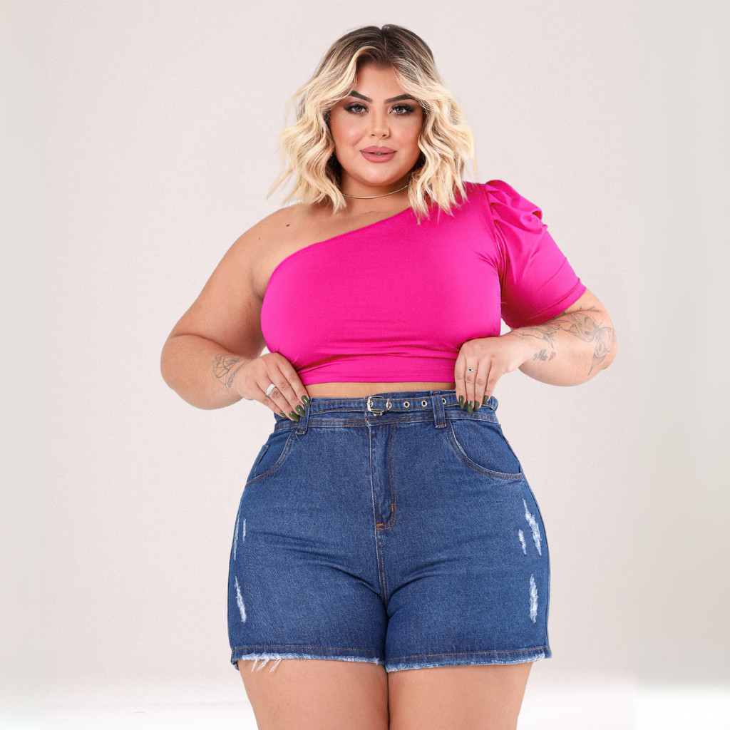 Short Jeans Slim Feminino Plus Size Cintura Alta Algodão Jeans Destroyed Barra Desfiada Com Cinto