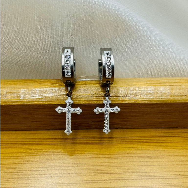Brinco De Cruz Argola Cravejada prata prateado em aço inox pEDRA zircônia Cruzados Cúbica masculino