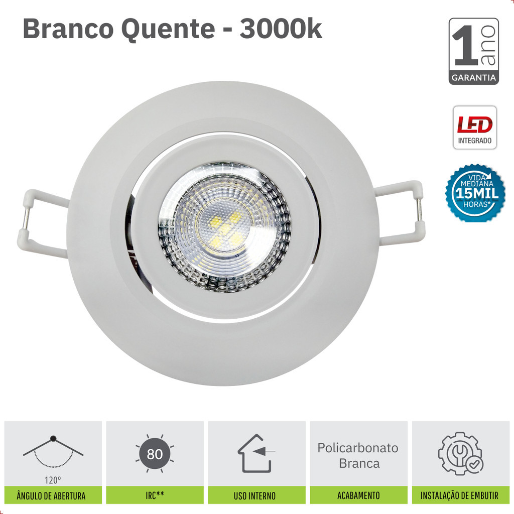 Detalhes do Kit 10 Spot Led 7W 3000k IP20 Embutir Redondo Bivolt - Easy