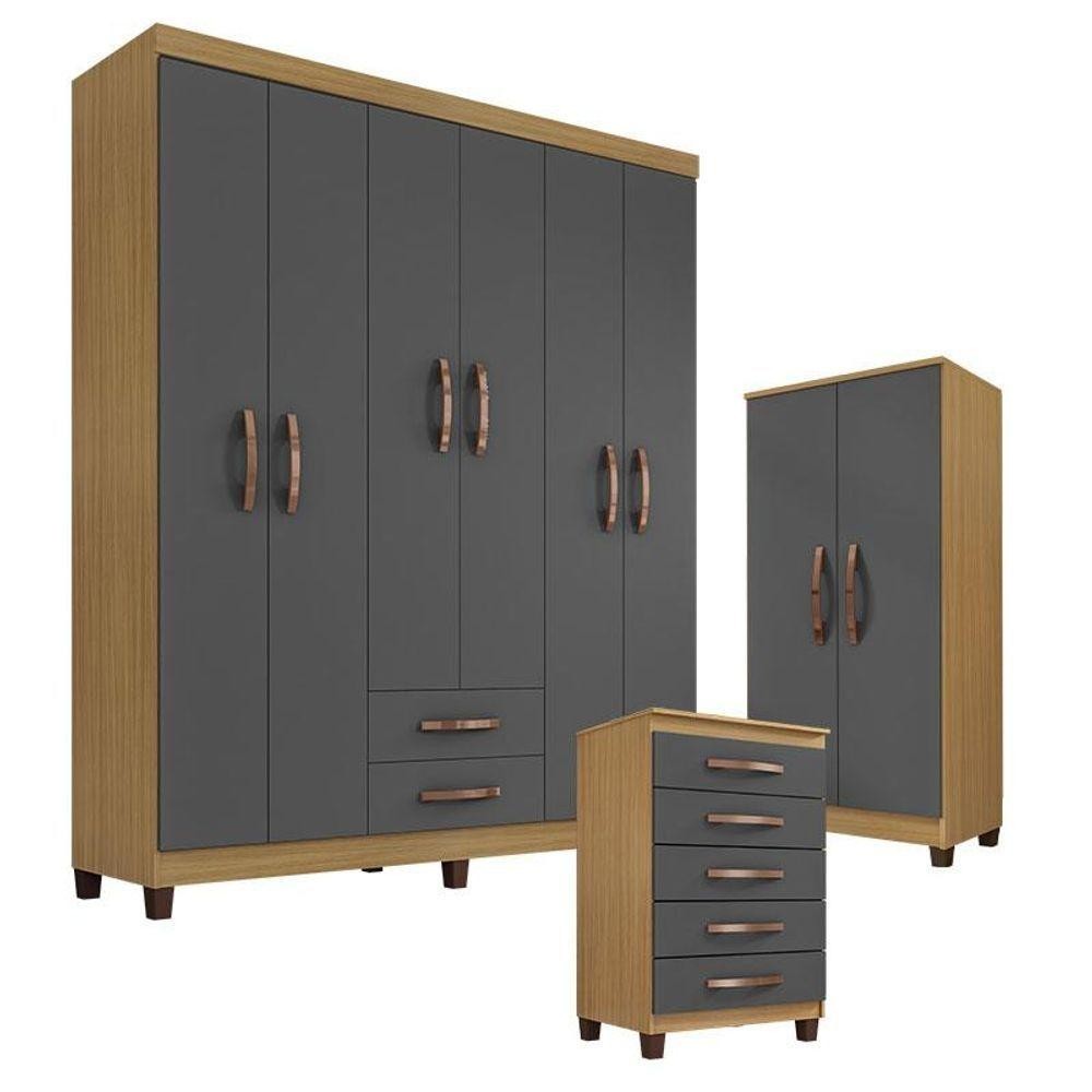 Guarda Roupa Casal com Cômoda 5 Gavetas e Armário Multiuso Carvalho Americano Grafite - Incorplac - Home & Living