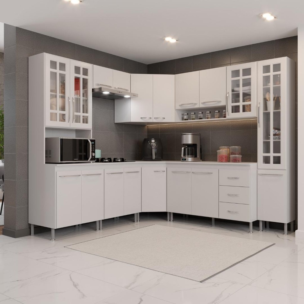 Cozinha Modulada Completa Fidelitá Viena 8 Peças 445cm 18 Portas 3 Gavetas Com Tampo Branco - Home & Living