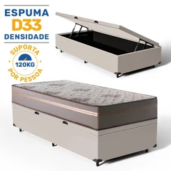 Cama Box Baú Solteiro + Colchão D33 Millenium One Face Bege + 1 Trav 88cm