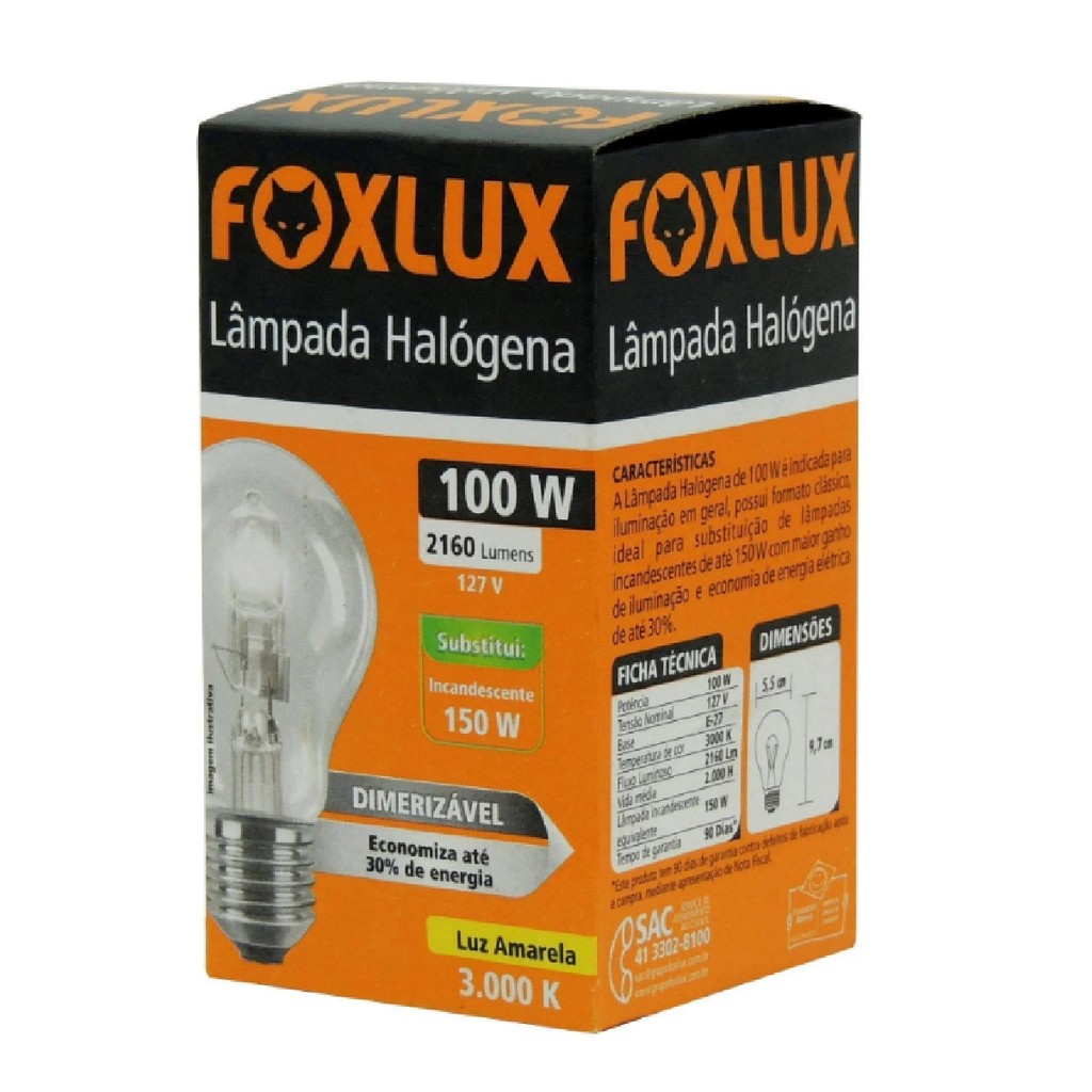 Lâmpada Halógena Foxlux 100W E27 127V Clássica com Alta Luminosidade e Luz Amarela 3000K em Oferta na Shopee