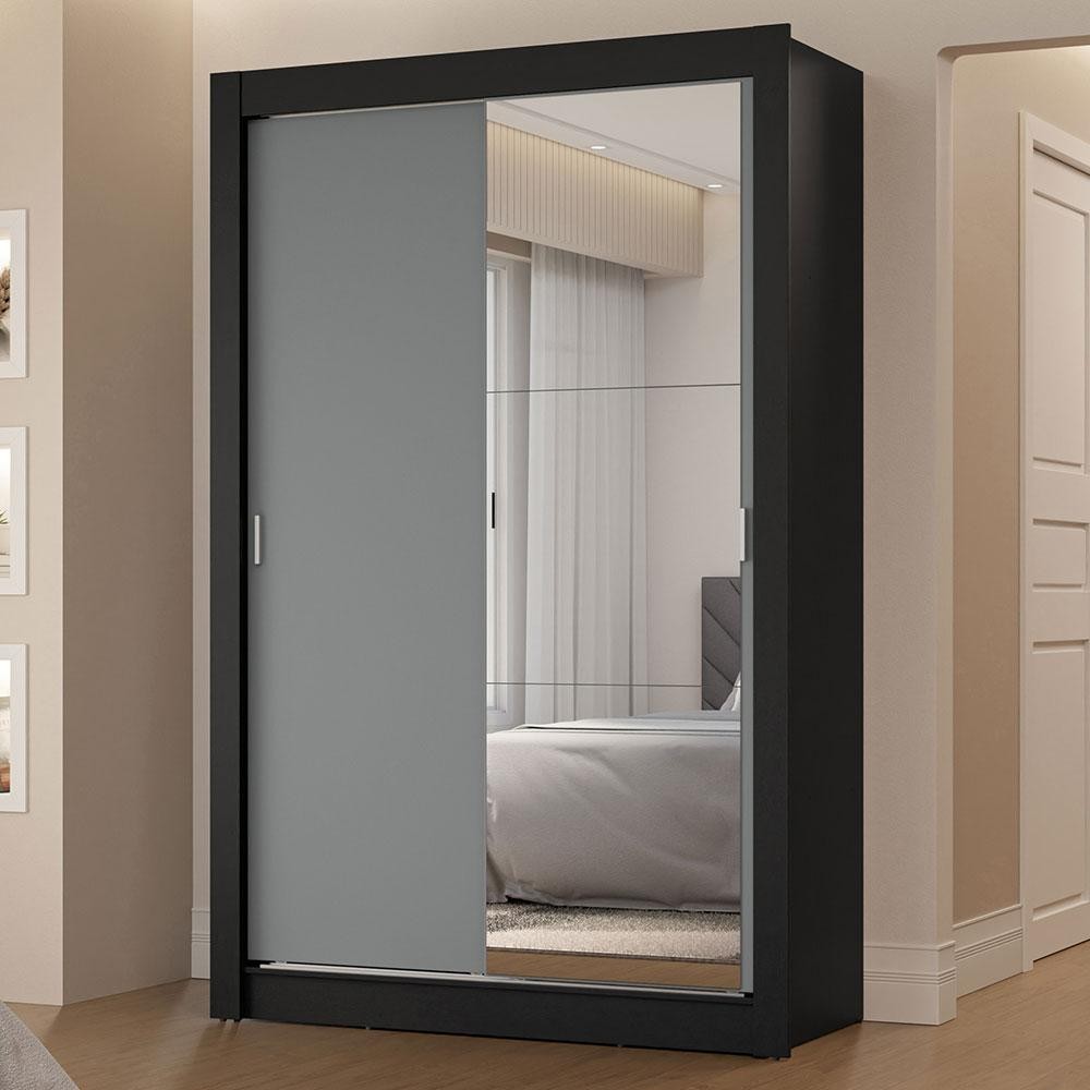 Guarda-Roupa Solteiro 2 Portas de Correr com Espelho 2 Gavetas Preto/Cinza Vivare Madesa em Oferta na Shopee