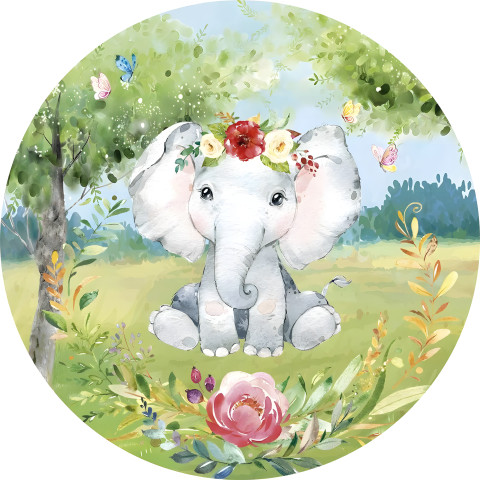NOVO Painel Festa Infantil Redondo Elefantinha Safari Aquarela, Flores vermelhas  + Arco, Suporte incluso. Fazemos personalizado com qualquer tema. Confeccionado em Lona fosca, impressão de alta resolução. cenário , p/ Decoração
