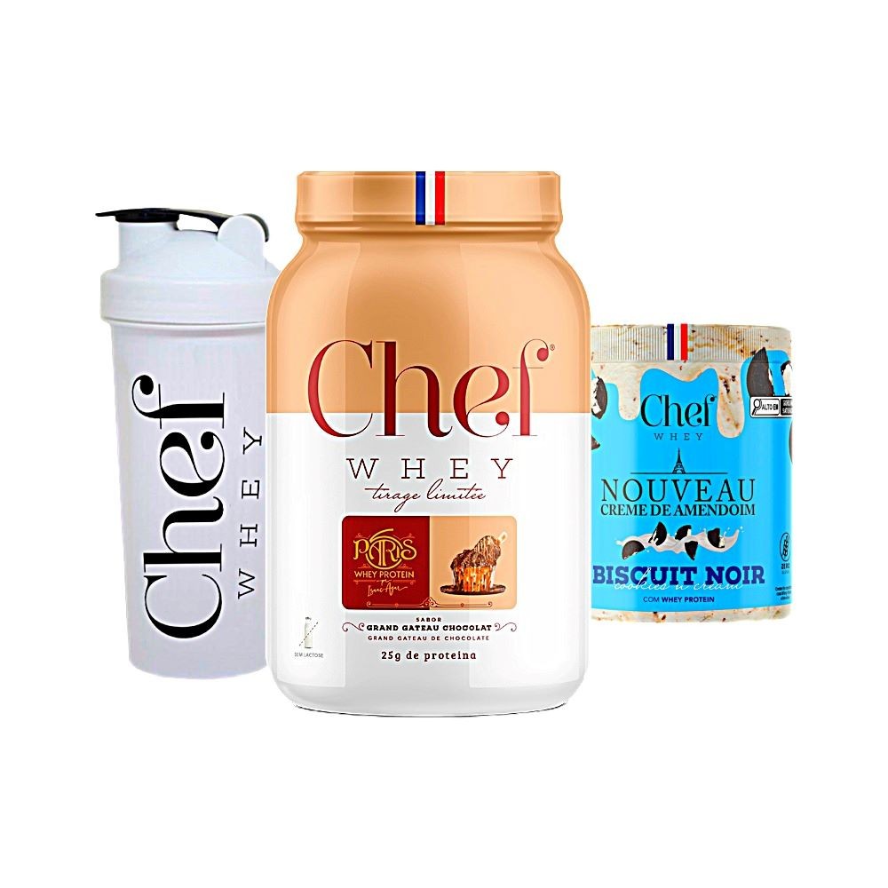 Kit Chef Whey Protein Gourmet Zero Lactose 800 + Creme de Amendoim 600g + Coqueteleira - Chef Whey