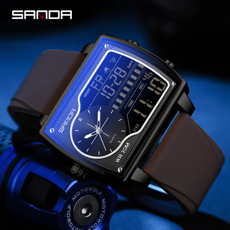 SANDA Novo Mostrador Grande Display Duplo Multi Cinta Na Moda Temperamento De Negócios Relógio Masculino Elegante SD6163-24