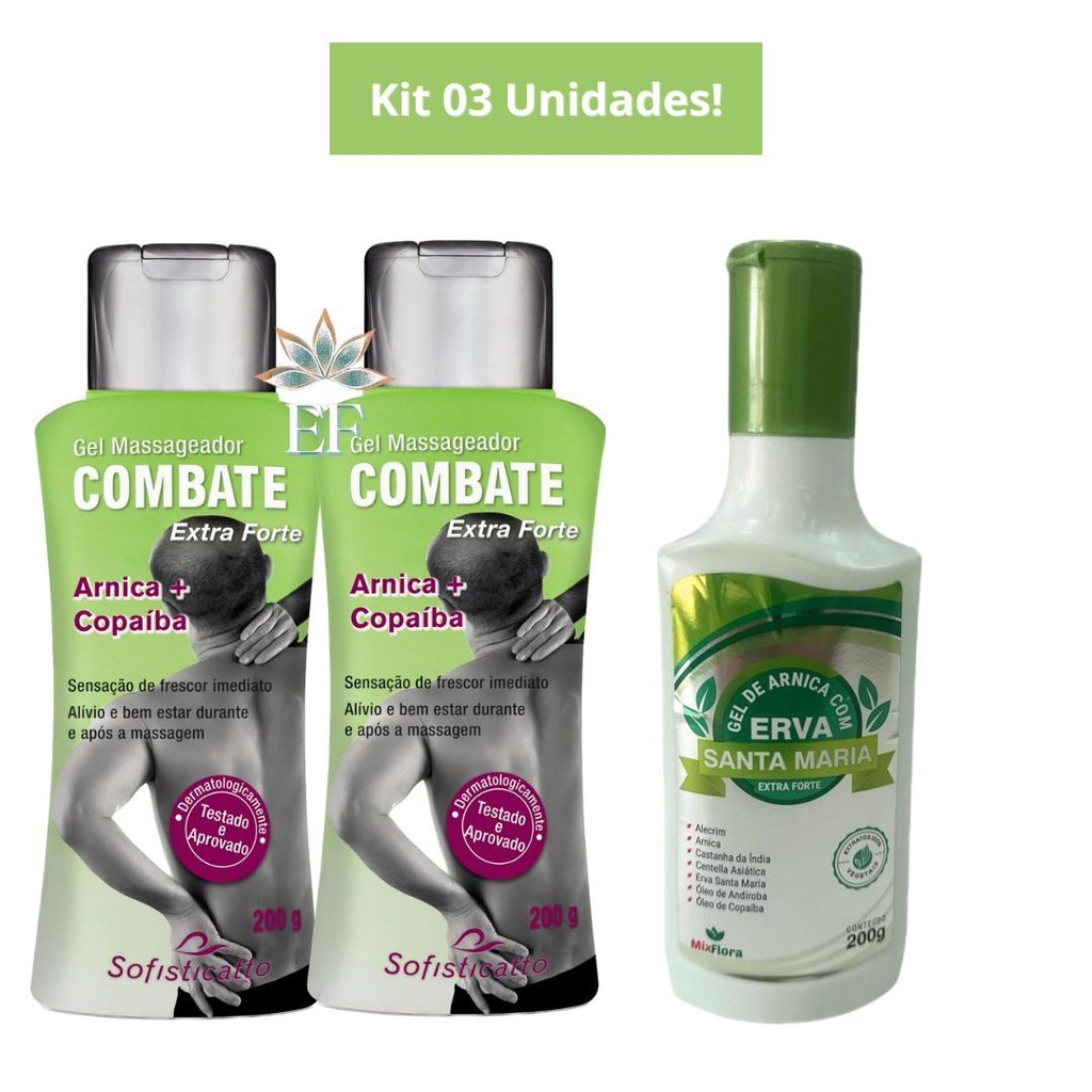 Kit 3 Unidades: 2 Gel Combate Arnica com Copaiba 200g Sofisticatto + 1 Gel de Arnica Com Erva Santa Maria 200g Mix Flora