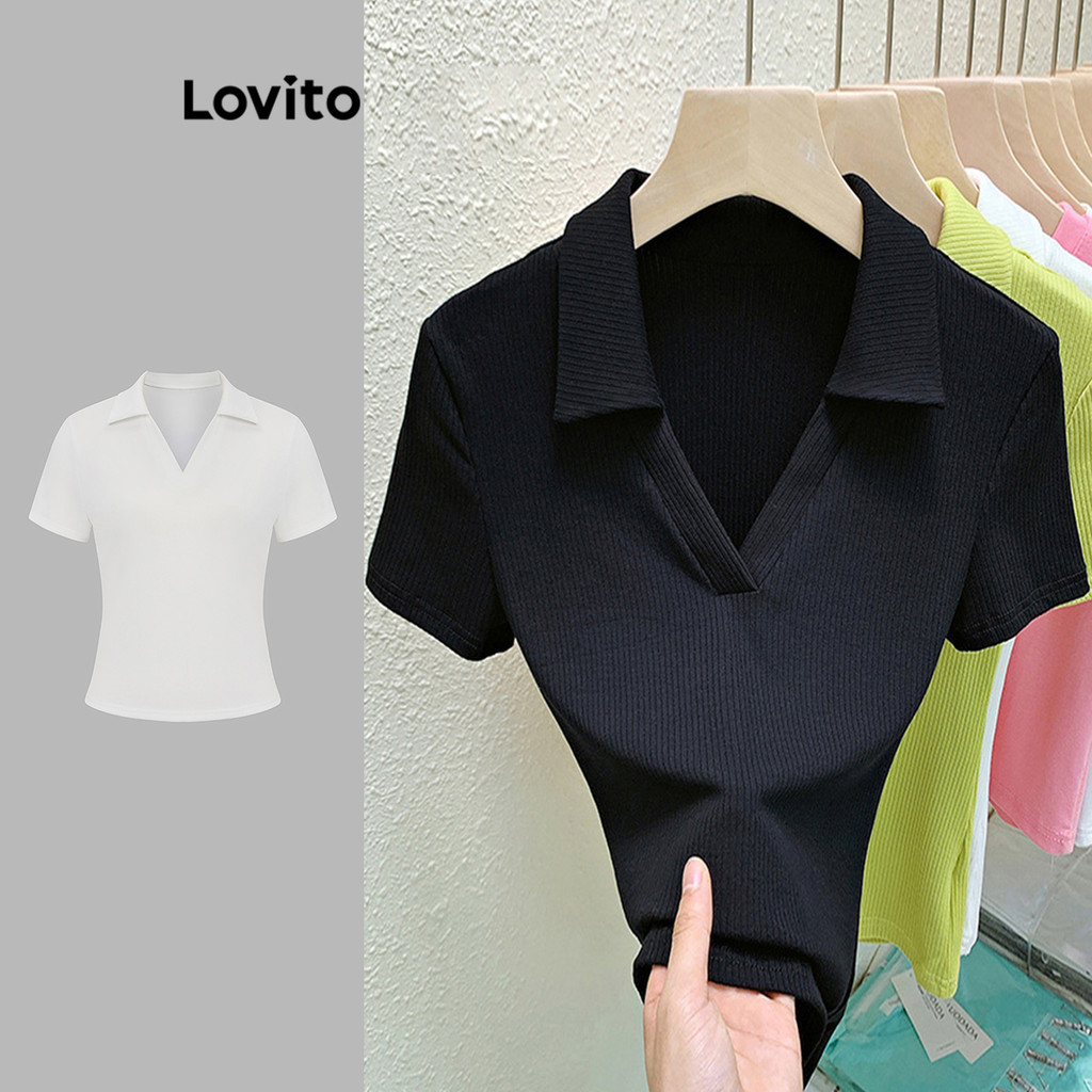 Lovito Camiseta Casual Lisa De Manga Curta Polo Com Decote Em V Para Mulheres LNE02179  (Multicolorido) - Women Clothes
