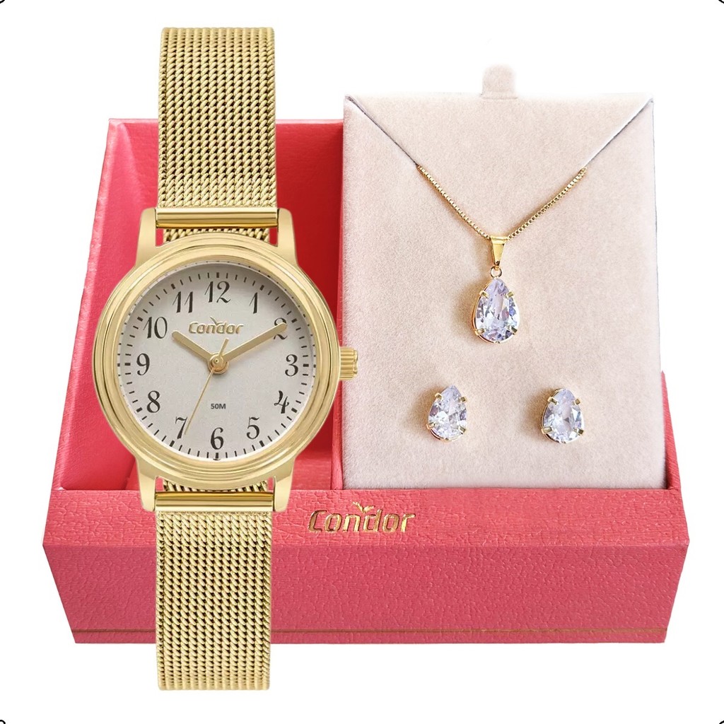 Relógio de Pulso Feminino Condor Dourado Mulher Original Moda  CO2035NCD/K4C Colar e Brincos em Oferta na Shopee