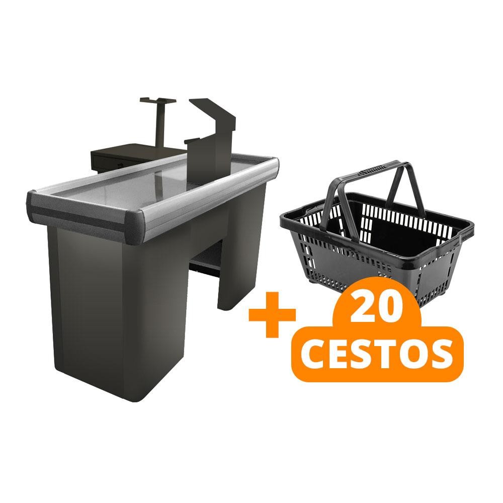KIT - Caixa Supermercado Empacotador Check-out 1,5m Recorte + 20 Cestos de Compras Preto