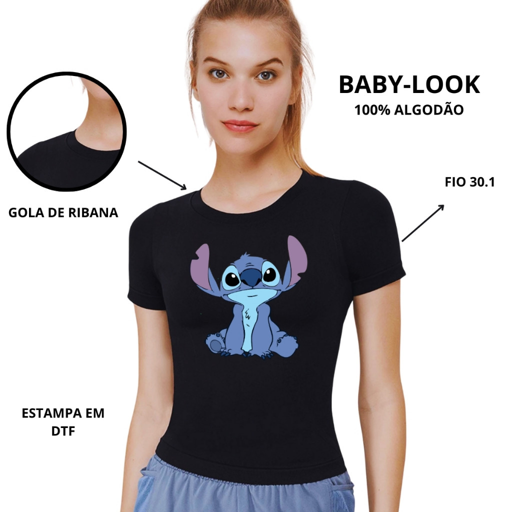 Camiseta Stitch Baby look Femenina 100%Algodão Envio Rapido Lançamento Novo Macia e Confortavel Femenino Unissex Desenhos Anime Animação Roupa Camisa Estilosa Stiti