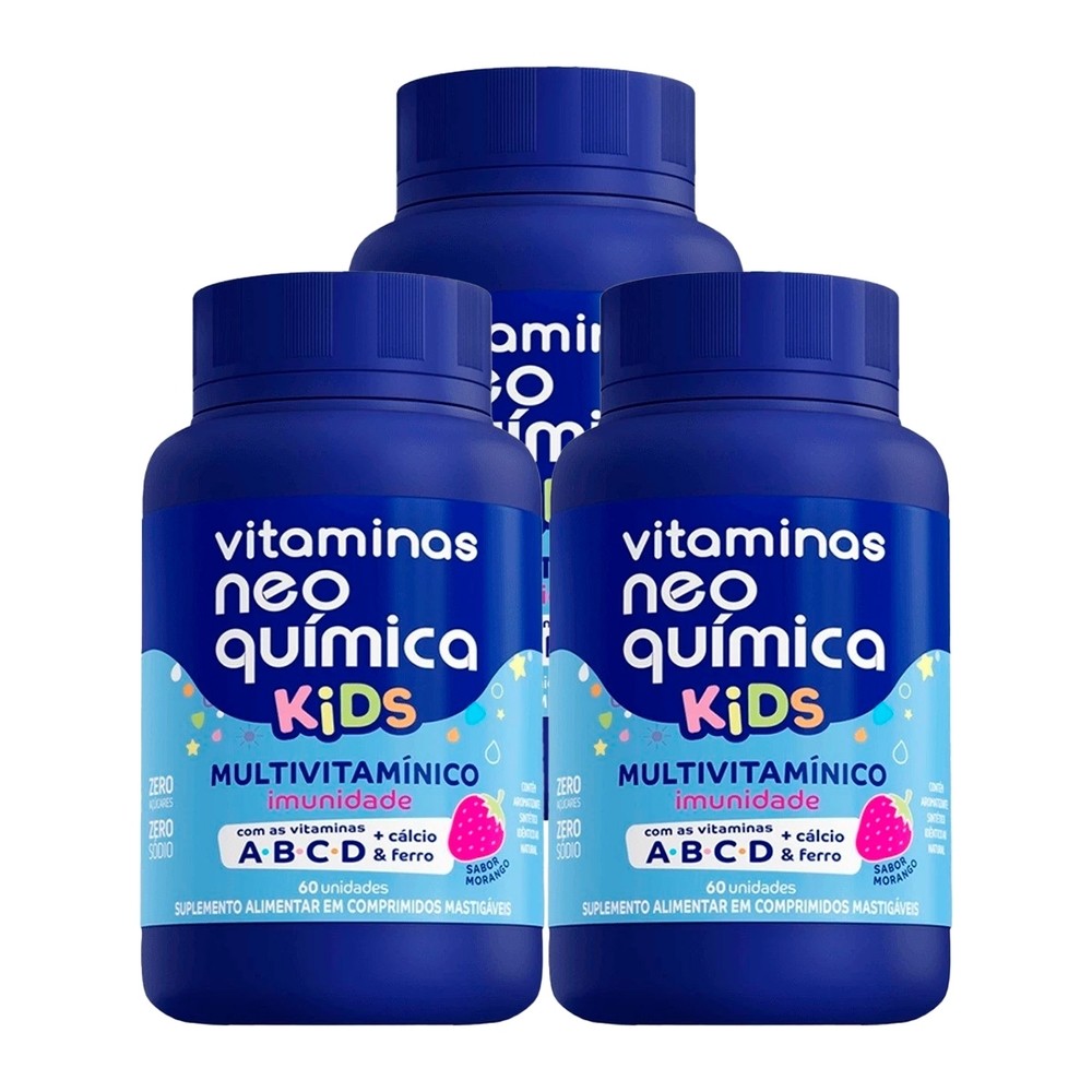 Kit 3 und Vitaminas Neo Química Kids Morango Mastigável c/ 60cpr em Oferta na Shopee