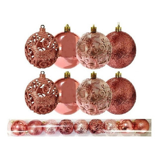 9 Bolas Natal Mista Textura Arabescos Rena Rosê Grande 8 cm
