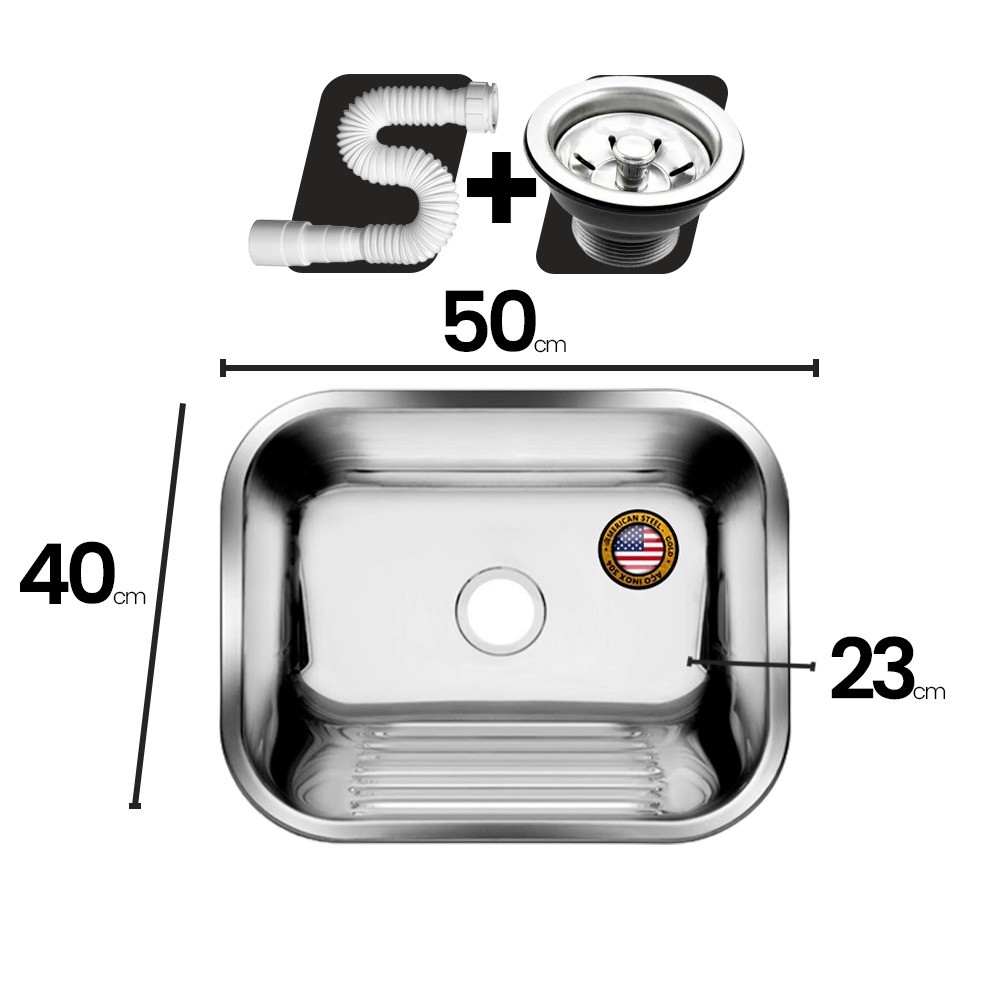 Tanque American Steel Inox 50x40 - Sobrepor E Embutir + Válvula + Sifão