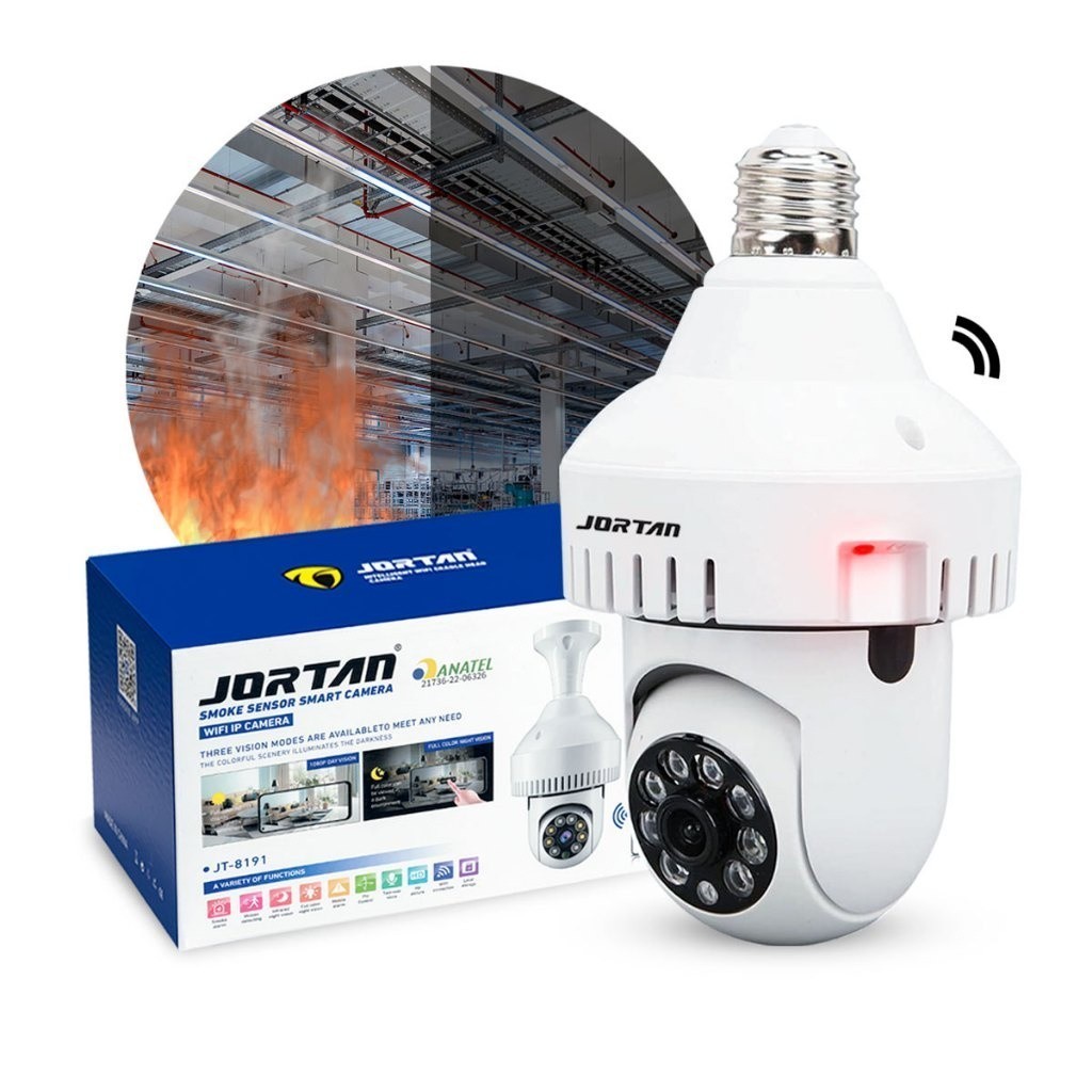 Câmera Segurança Ip Wifi 360 Lâmpada Full HD 1080 Detector Fumaça Galpões Fábricas Lojas Jortan JT-8191 Auto Tracking Bo