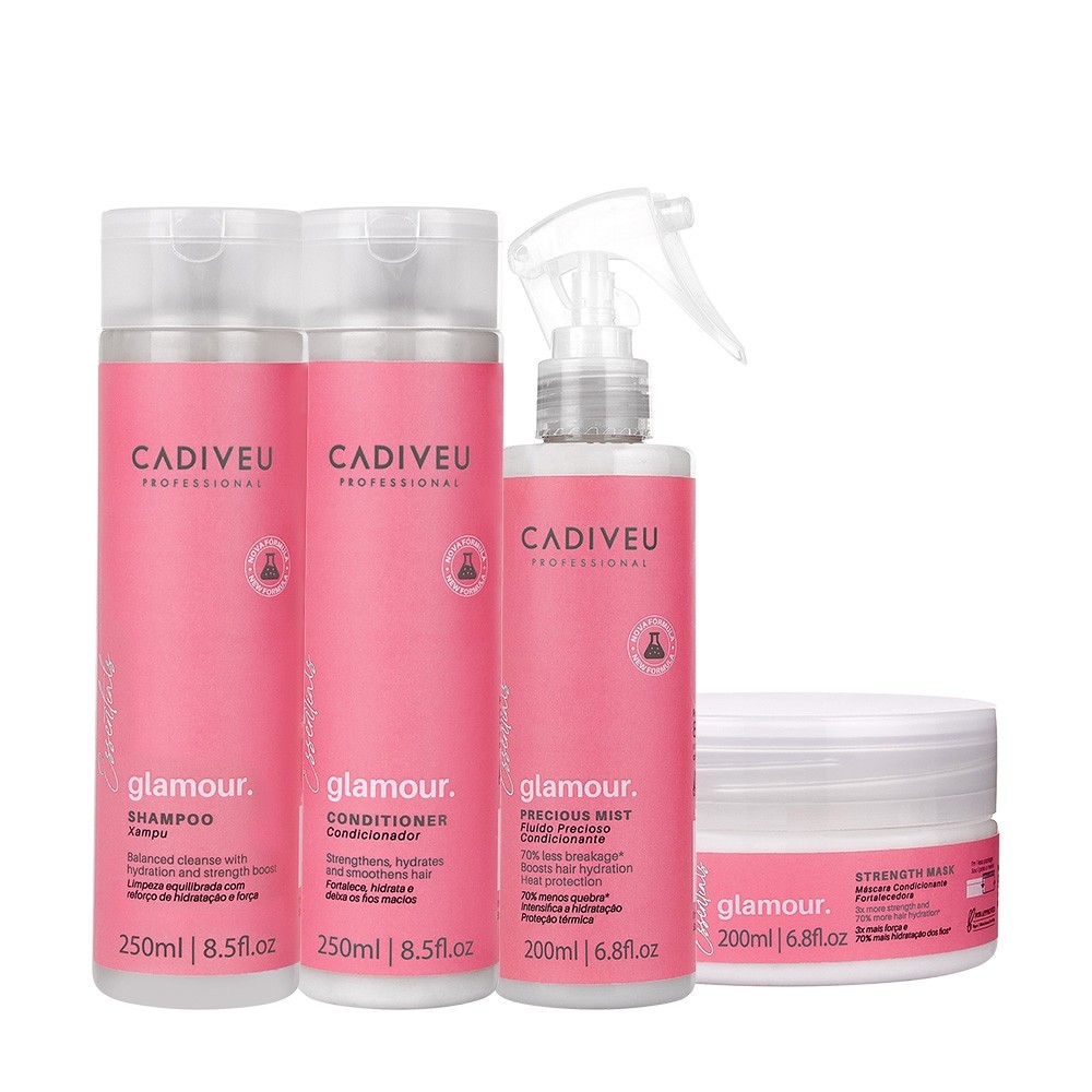 Kit Cadiveu Profissional Essentials Glamour Shampoo Condicionador Máscara e Fluído (4 produtos) em Oferta na Shopee