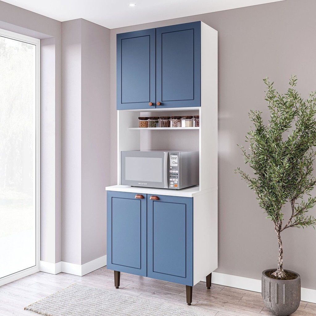 Paneleiro / Torre Quente 4 Portas 2 Nichos para Forno e Utensílios com 80 Cm Pérola Yescasa Branco/Azul - Home & Living